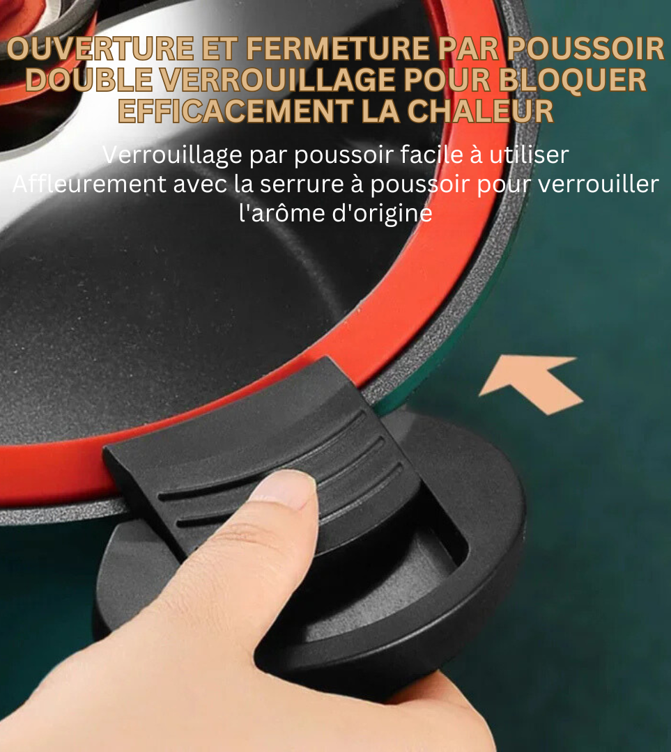 Poignée ergonomique en bois sur une poêle sous pression