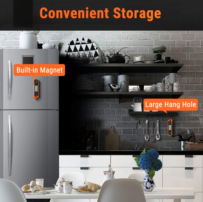 Vue de côté du thermomètre avec sonde repliée pour rangement