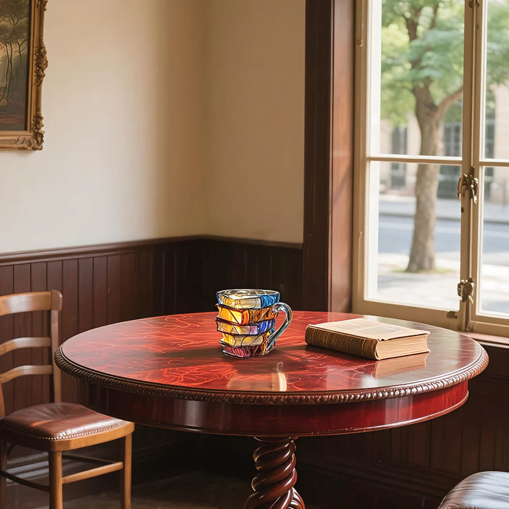 Mug en verre transparent, motif livre, sur fond neutre