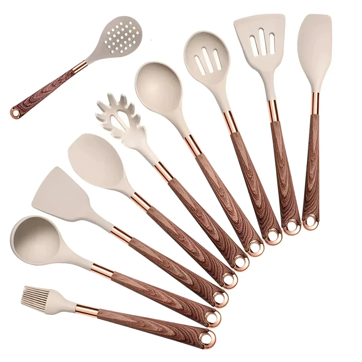 Collection d'ustensiles en silicone suspendus dans une cuisine élégante