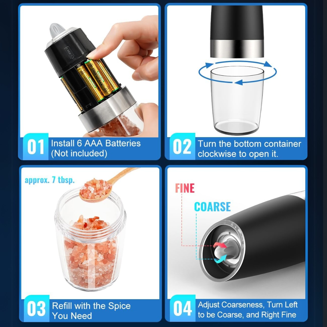 Moulin électrique avec lumière LED, en action sur un plat