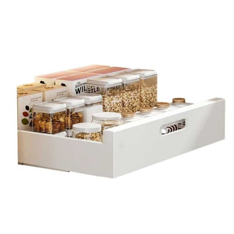 Étagère avec tiroir ouvert, accès aux ustensiles