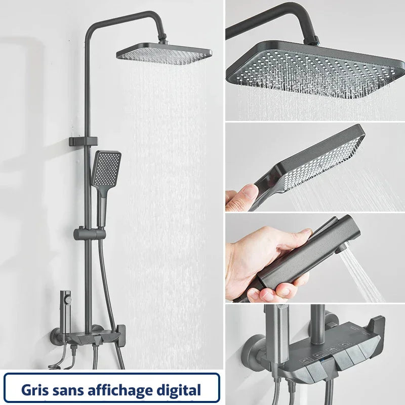 Vue en gros plan de la finition mate de la colonne de douche noire