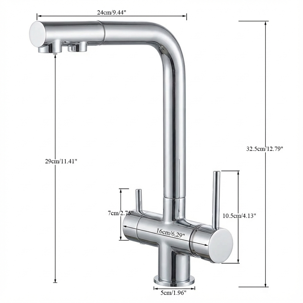 Vue latérale du robinet montrant la portée du bec