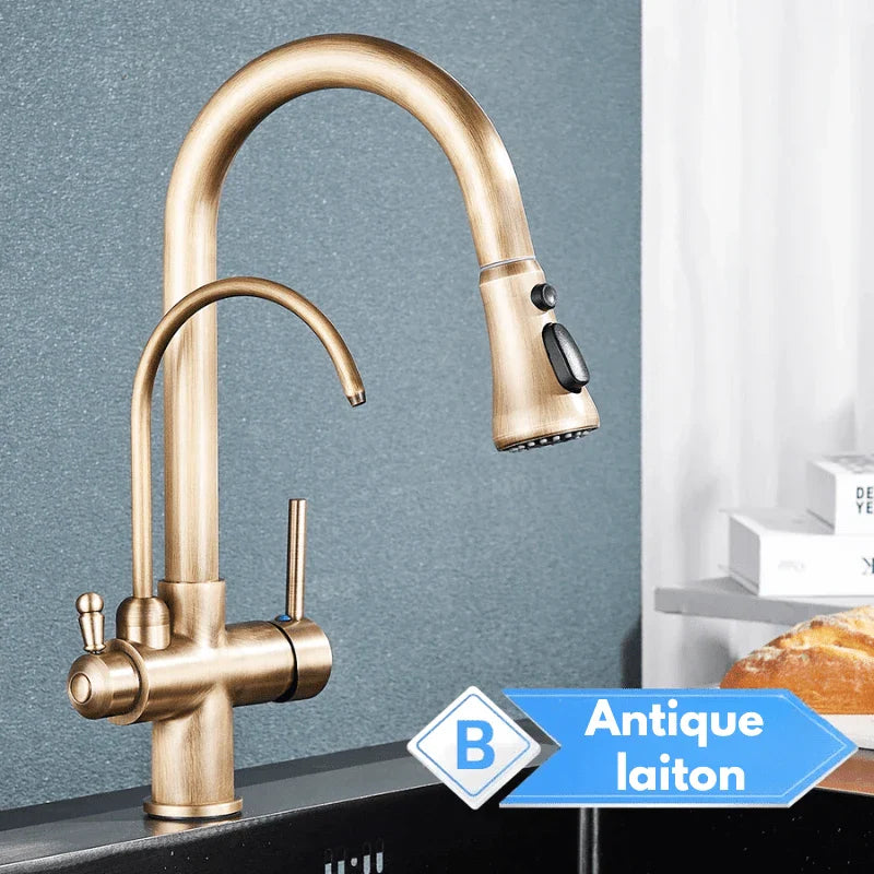Mitigeur en laiton antique avec bec rotatif, style classique