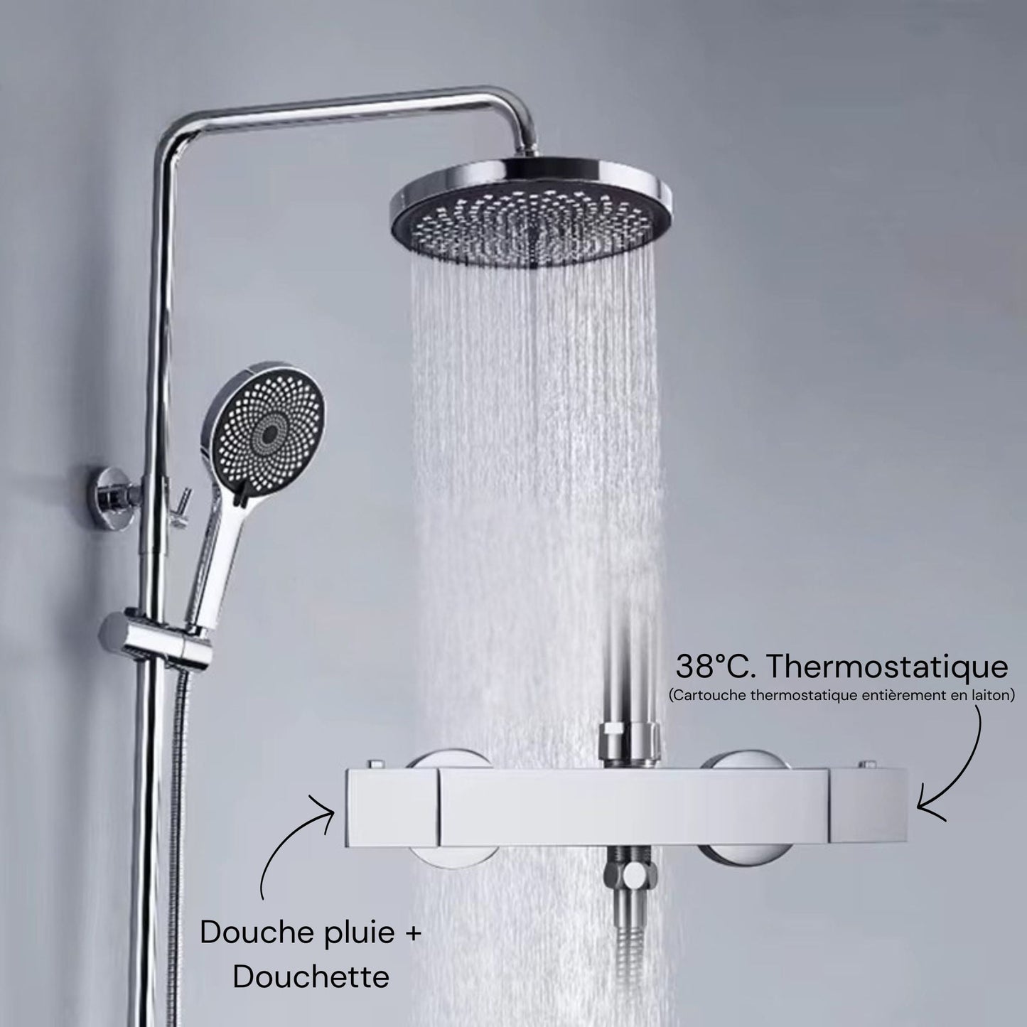 Colonne de douche en laiton avec mitigeur thermostatique et pomme haute