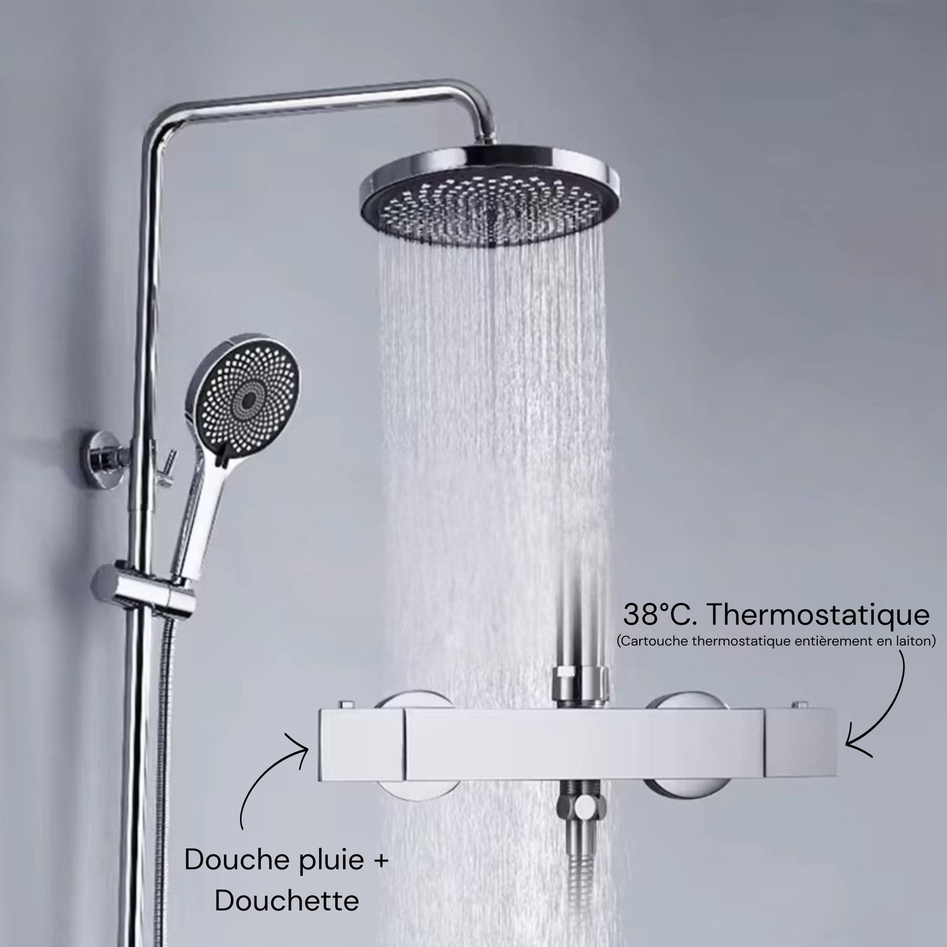 Colonne de douche en laiton avec mitigeur thermostatique et pomme haute