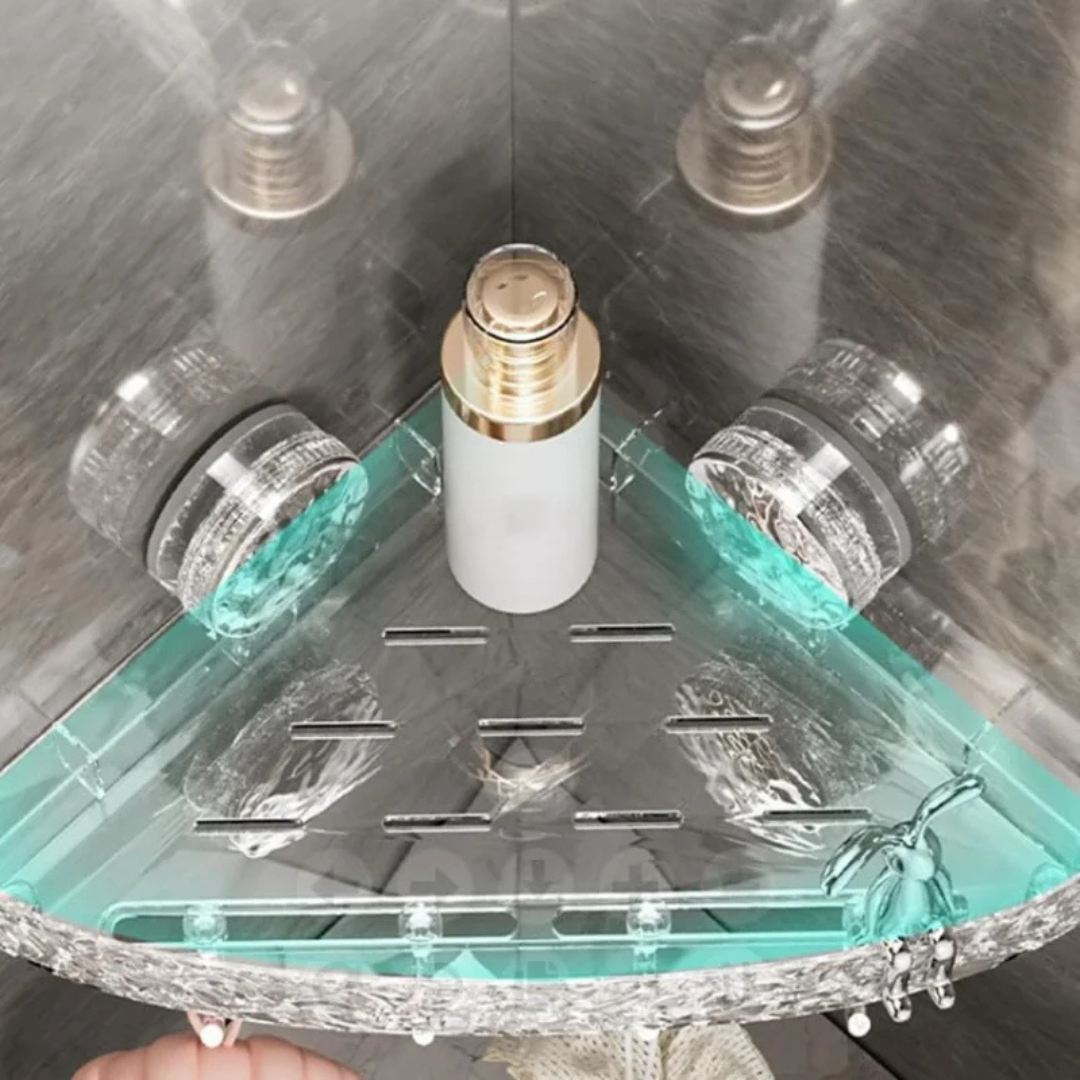 Étagère en verre acrylique avec articles de toilette