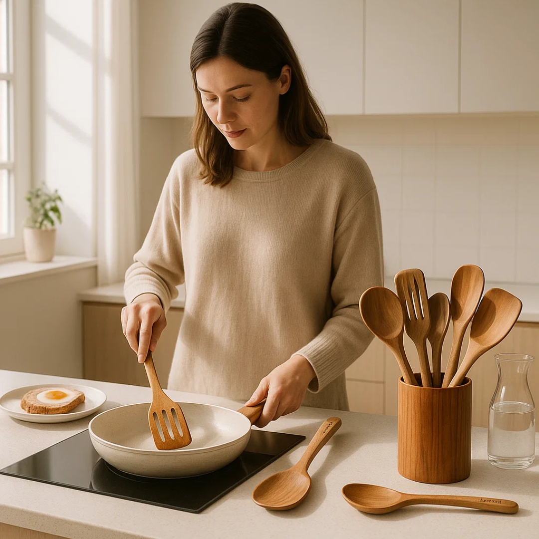 Spatule en bois naturel posée sur une surface claire