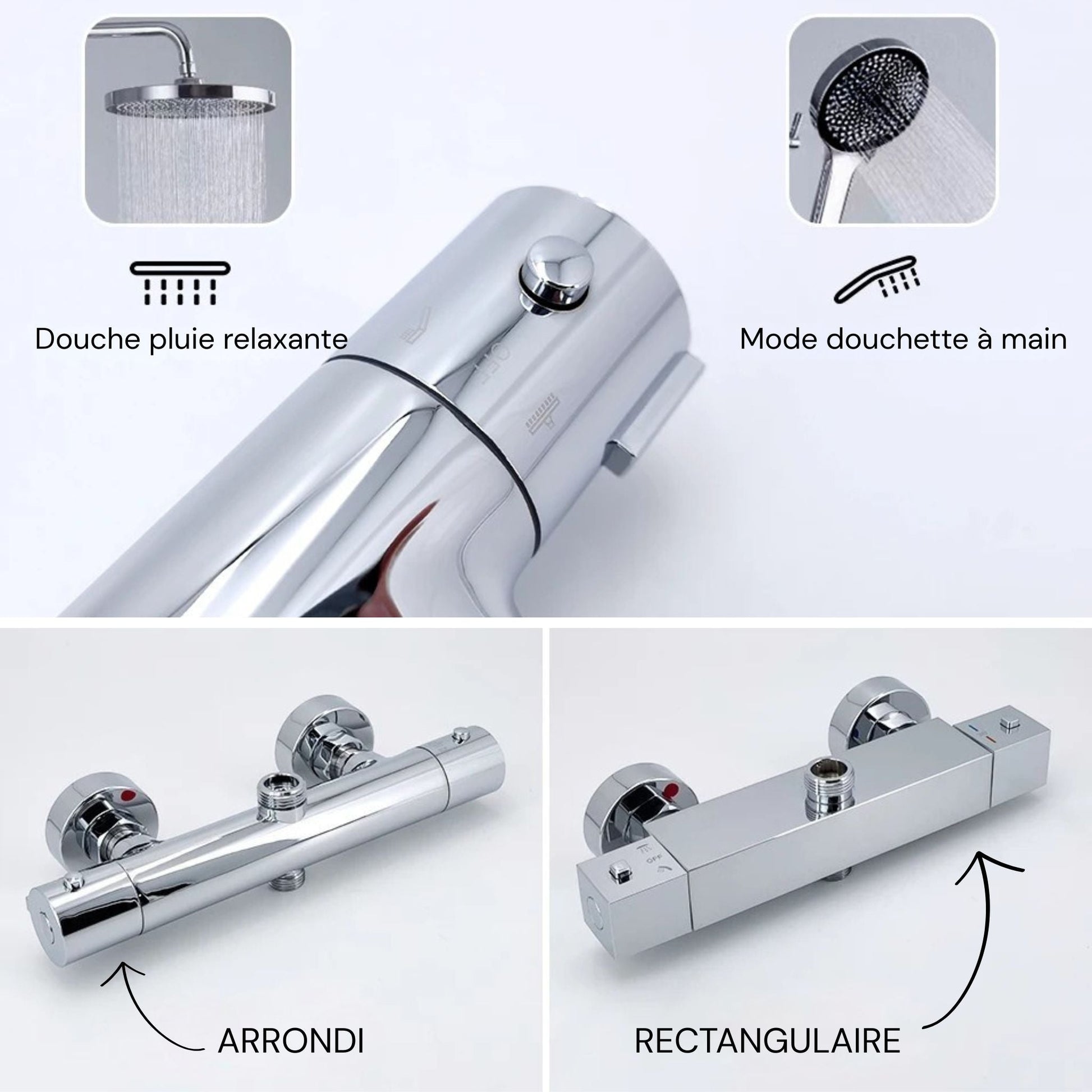 Vue rapprochée du mitigeur thermostatique en laiton, design cylindrique