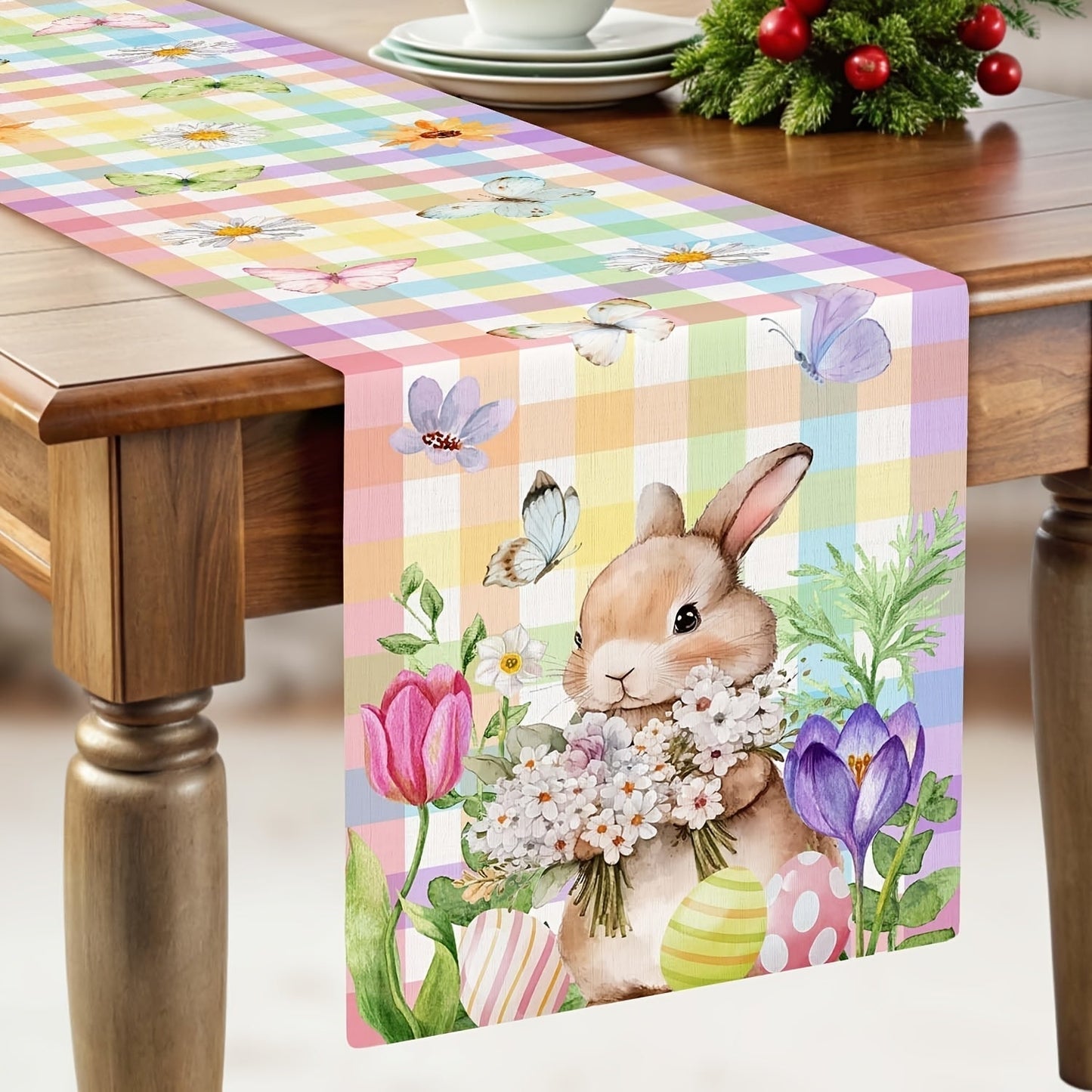 Nappe en lin avec motif lapin et papillons colorés