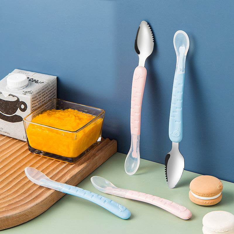 Cuillère bébé en silicone vert, idéale pour les gencives sensibles
