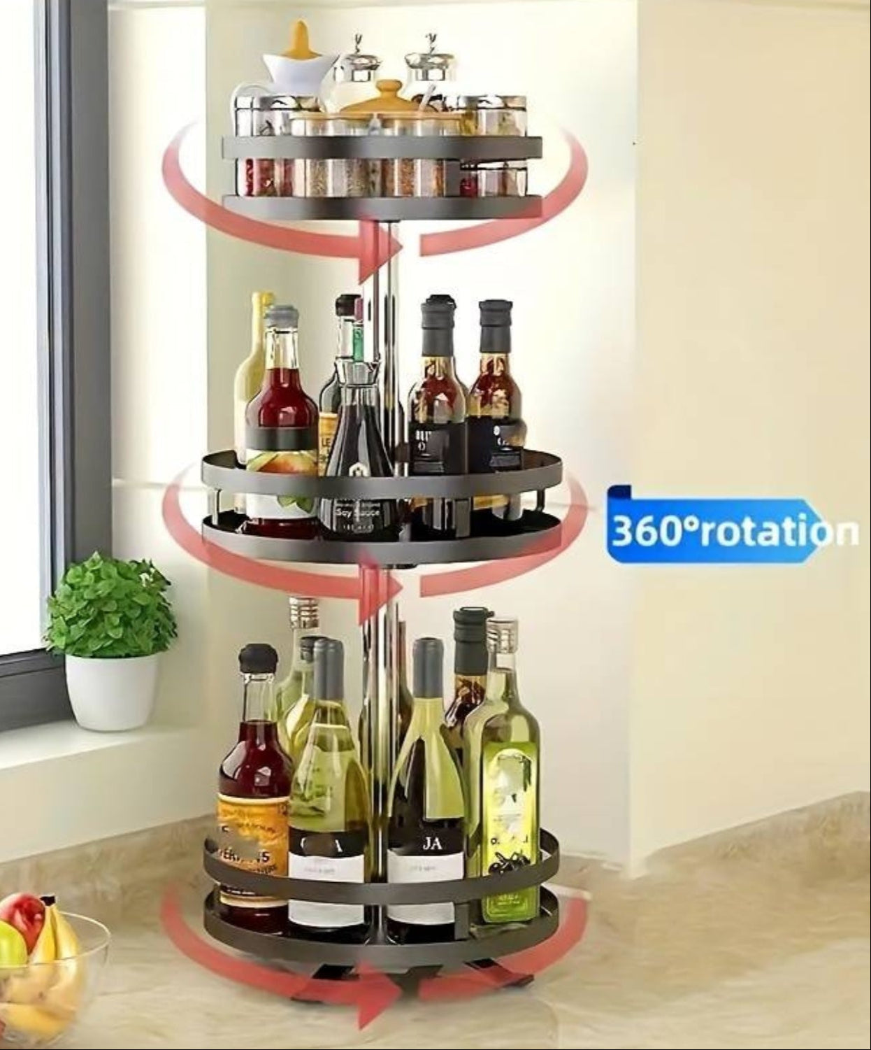 Étagère rotative avec contenants, vue latérale