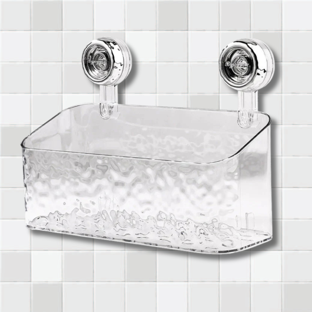 Étagère de douche avec shampoing et savon disposés
