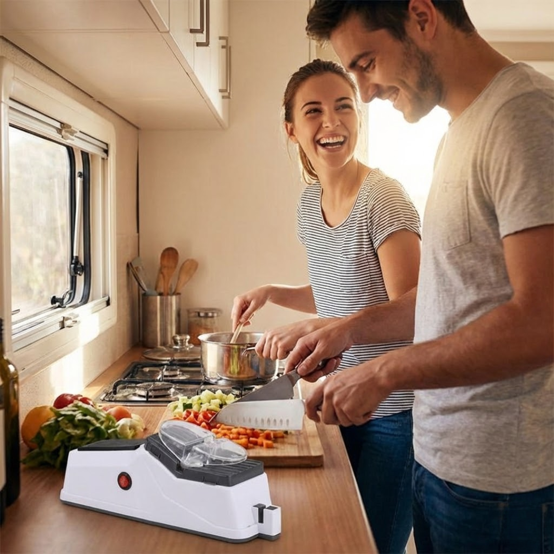 Vue latérale de l'affûteur montrant sa taille compacte