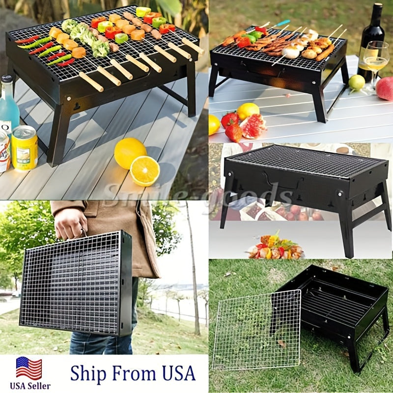 Grill compact avec charbon de bois visible, prêt à l'emploi
