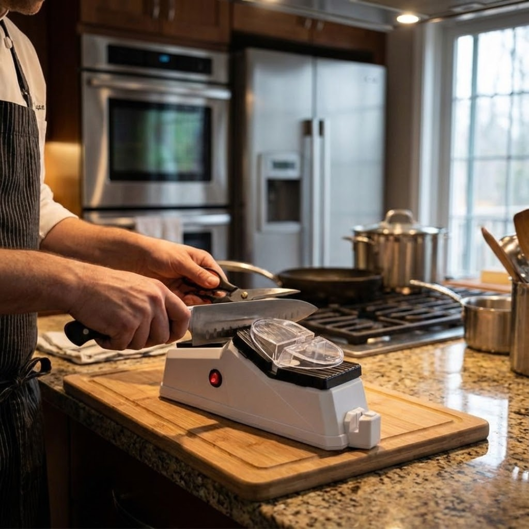 Affûteur de couteaux électrique sur fond blanc, vue de face