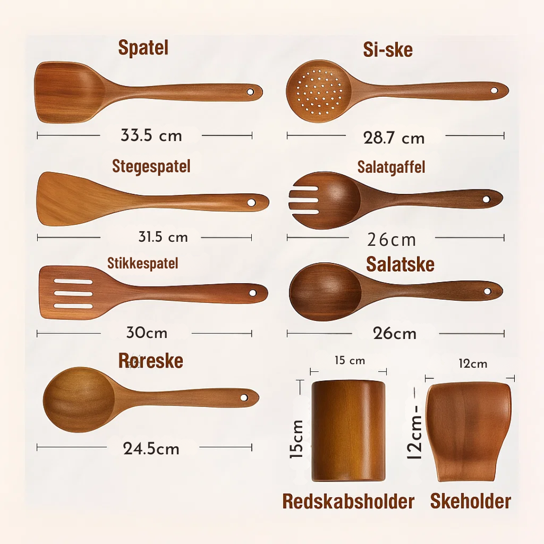 Ensemble d'ustensiles de cuisine en bois sur fond blanc