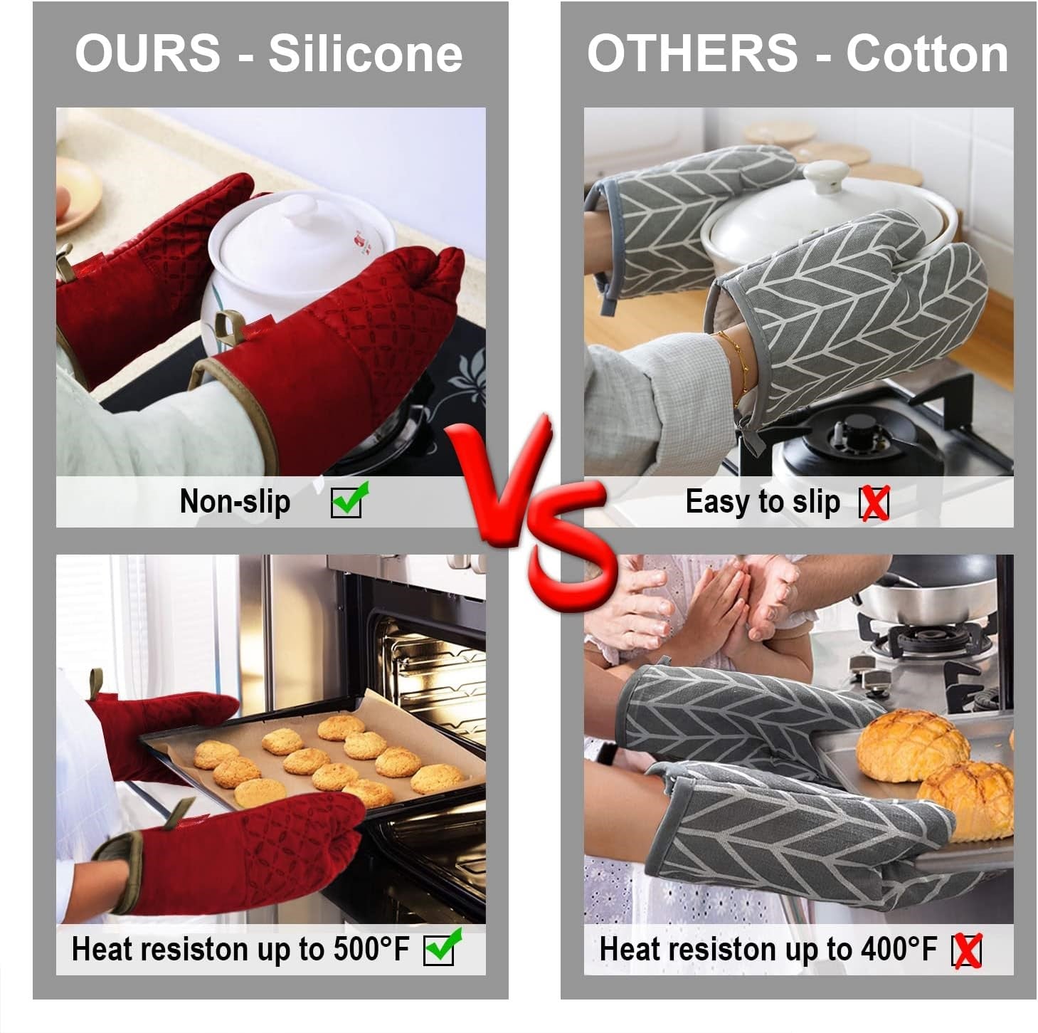 Gants de cuisine en silicone rouge avec surface antidérapante