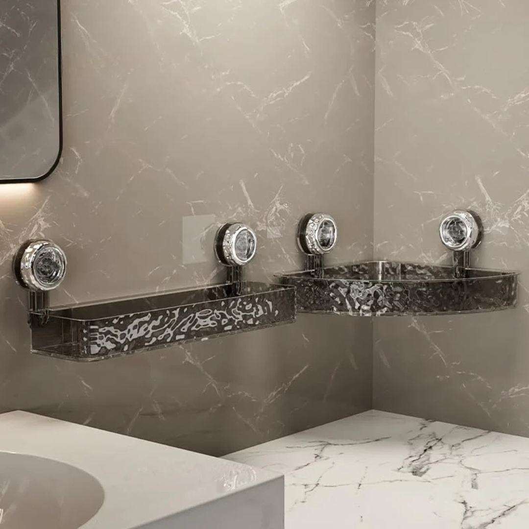 Support mural transparent avec ventouses sur carrelage blanc