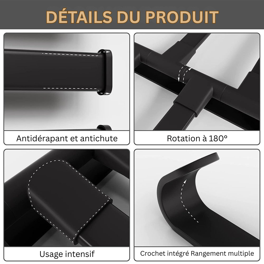 Zoom sur le mécanisme pivotant du porte-serviettes compact