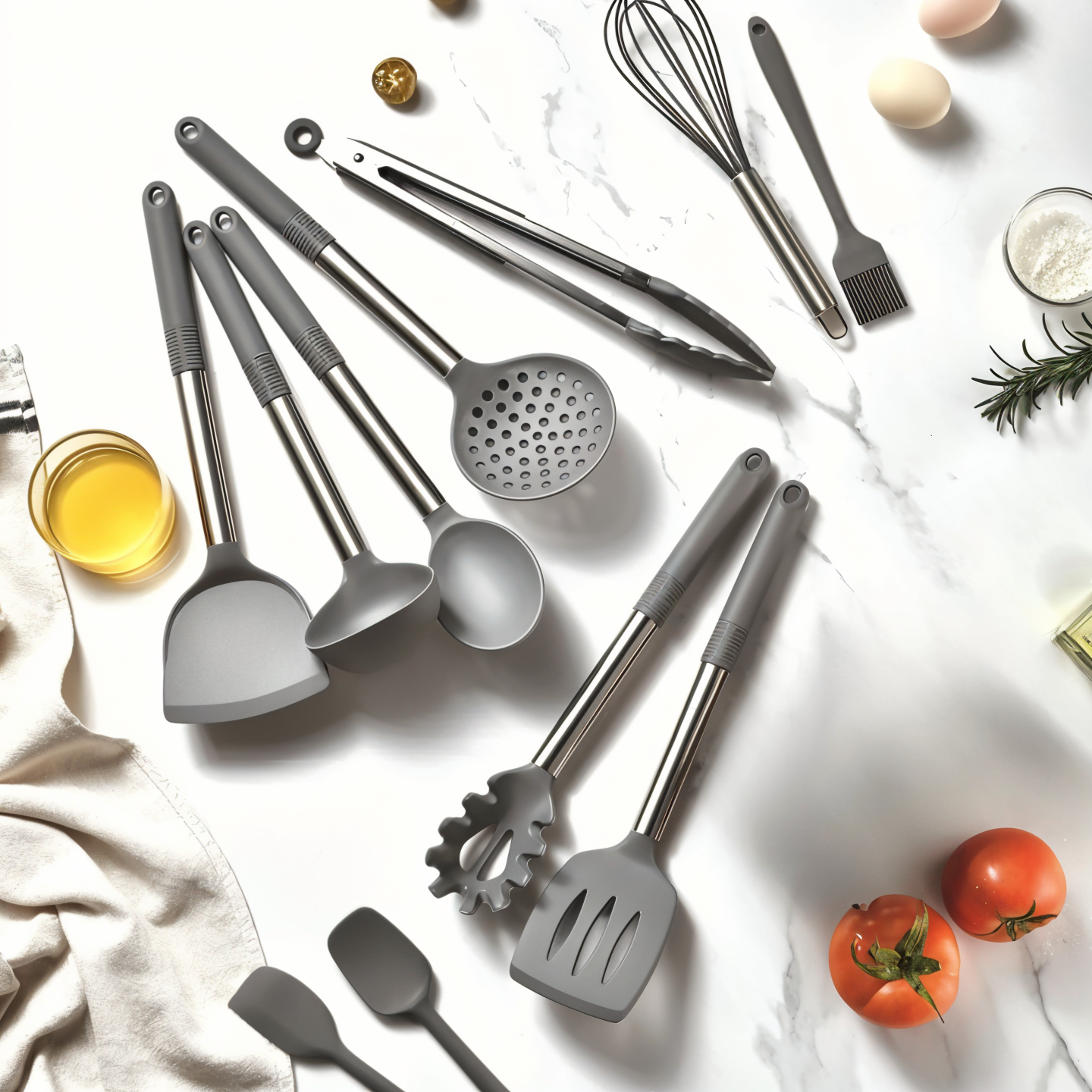 Ensemble d'ustensiles de cuisine en silicone avec poignées en acier