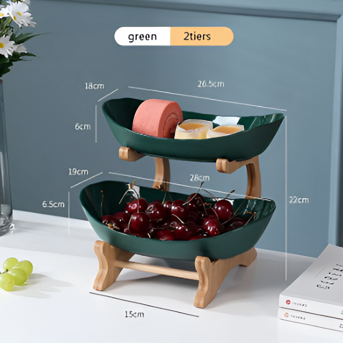 Plateau en bois avec fruits, design épuré