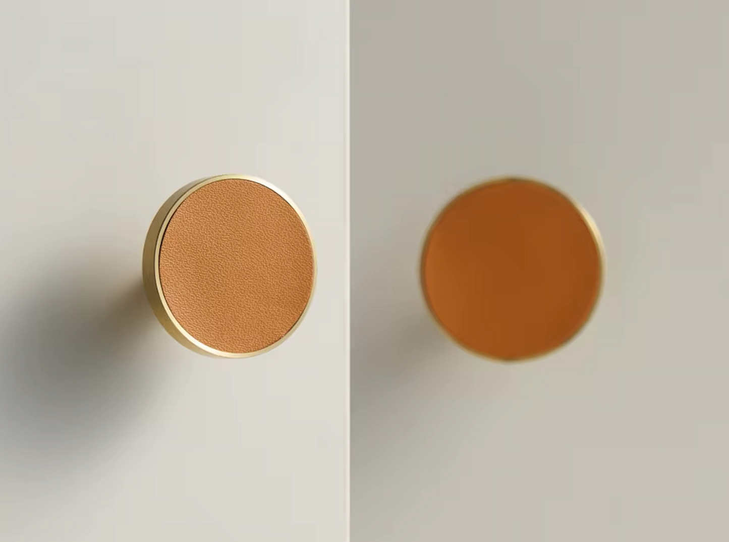 Poignée en laiton doré avec cuir orange foncé, vue de face