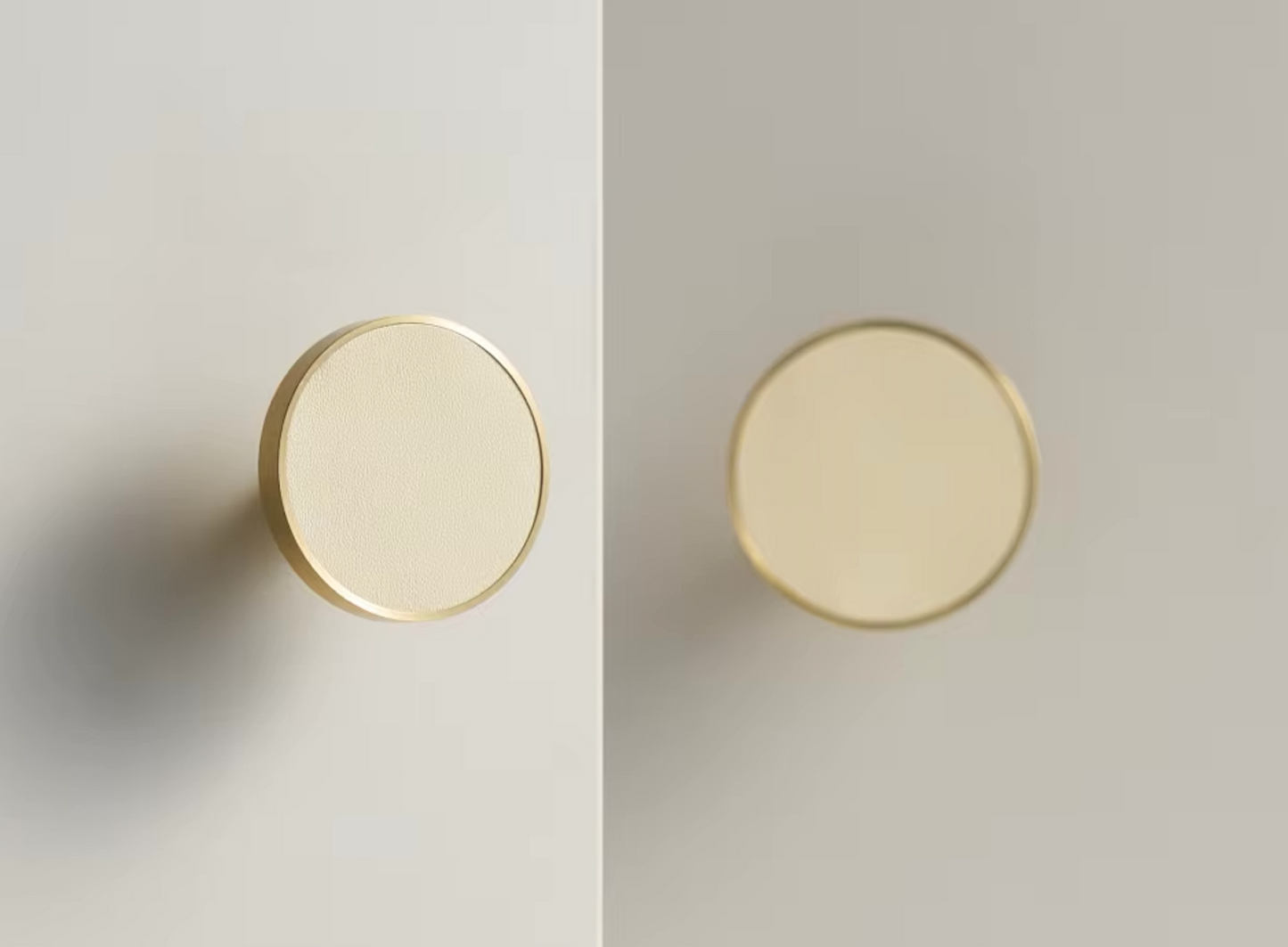 Poignée de meuble en laiton doré et cuir crème vue de face