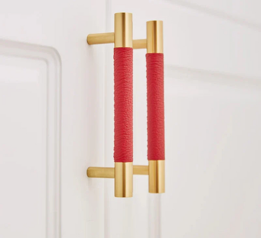 Gros plan sur la texture du cuir rouge et laiton