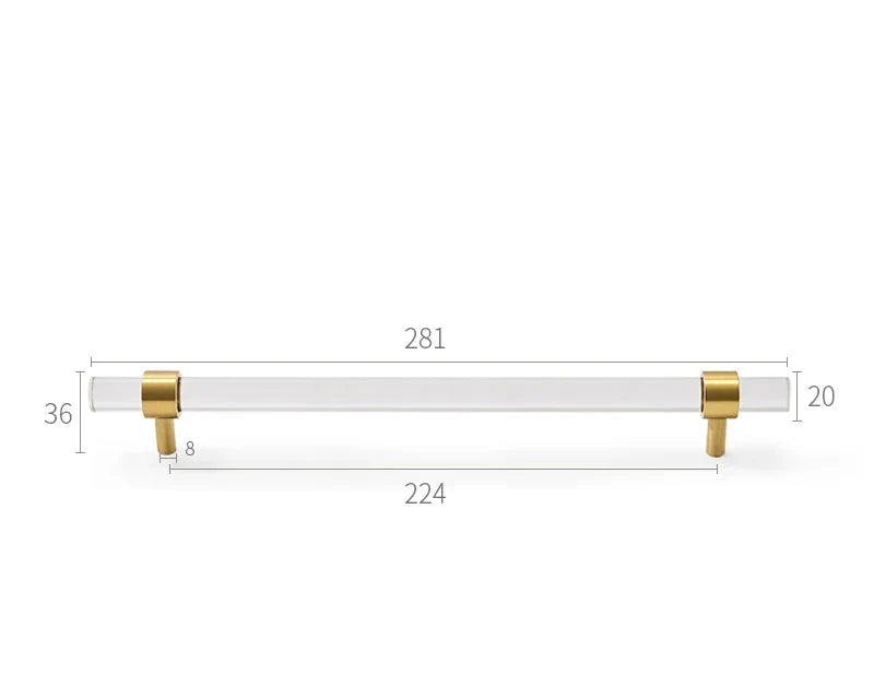 Poignée de meuble en verre transparent montrant la fixation dorée