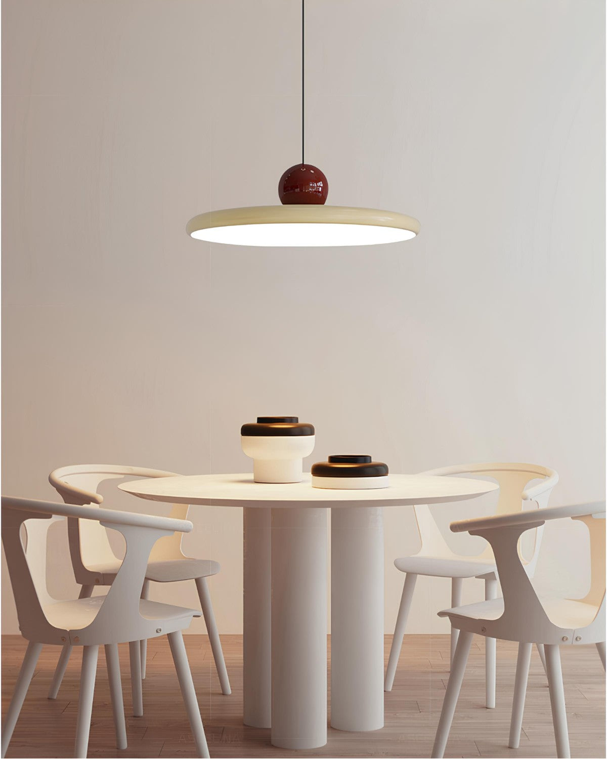 Suspension LED moderne, accent en boule laquée, vue de dessous