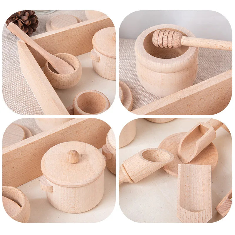 Gros plan sur des accessoires de cuisine en bois pour jeu éducatif