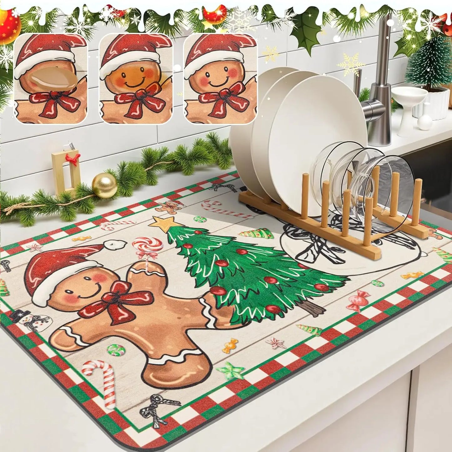 Gros plan sur le motif pain d'épice du tapis de cuisine