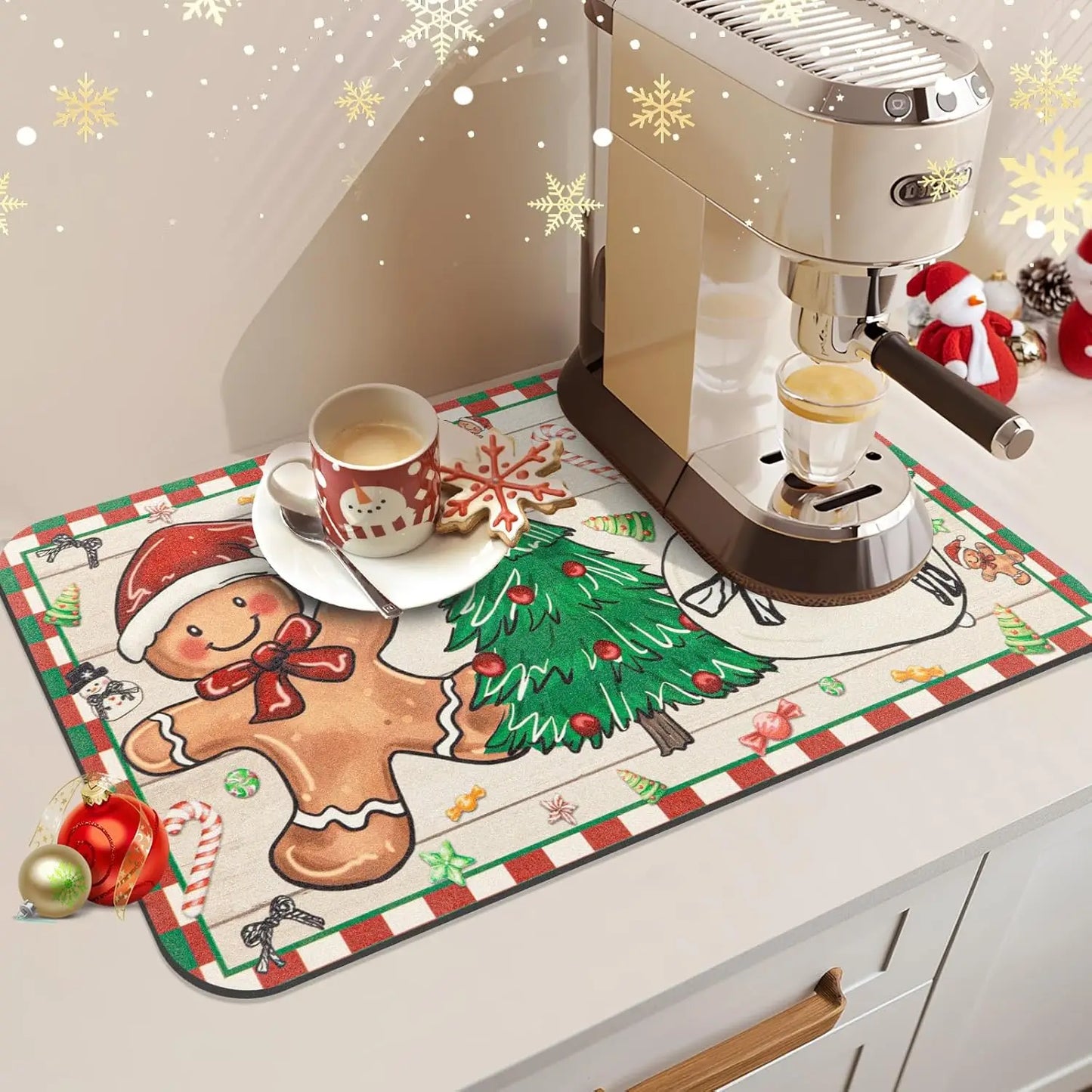 Vue d'ensemble du tapis de Noël sur une surface de cuisine