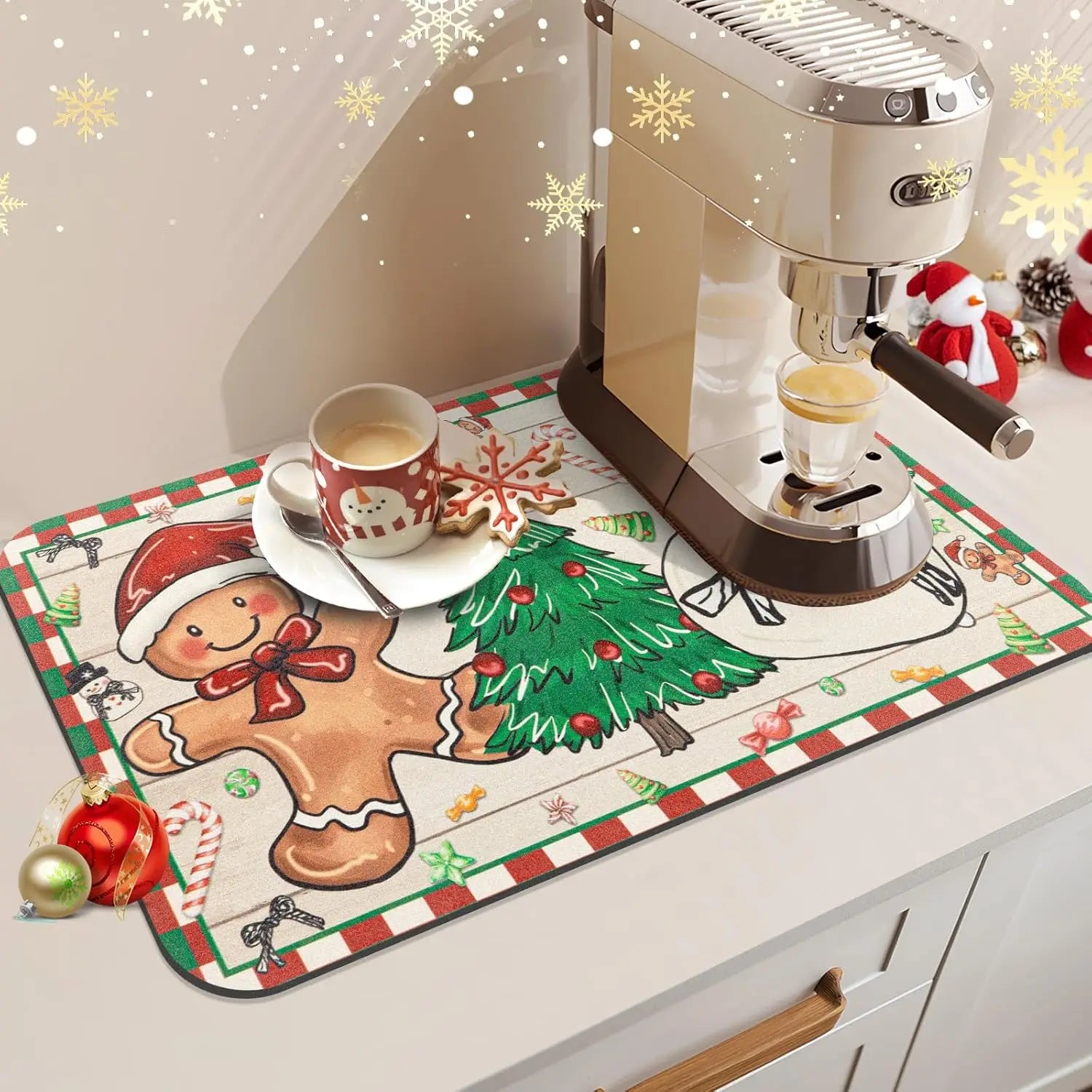Vue d'ensemble du tapis de Noël sur une surface de cuisine