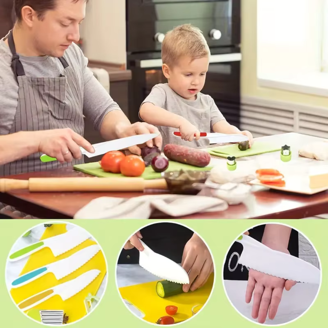 Vue de dessus d'un ensemble de cuisine enfant en plastique et bois