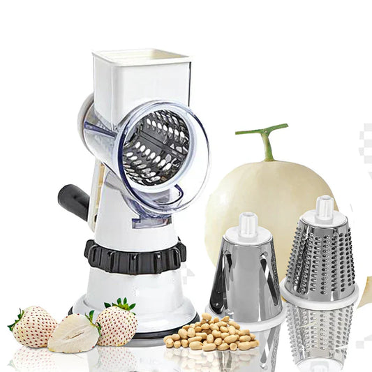 Trancheuse blanche avec lames visibles pour découpe de légumes