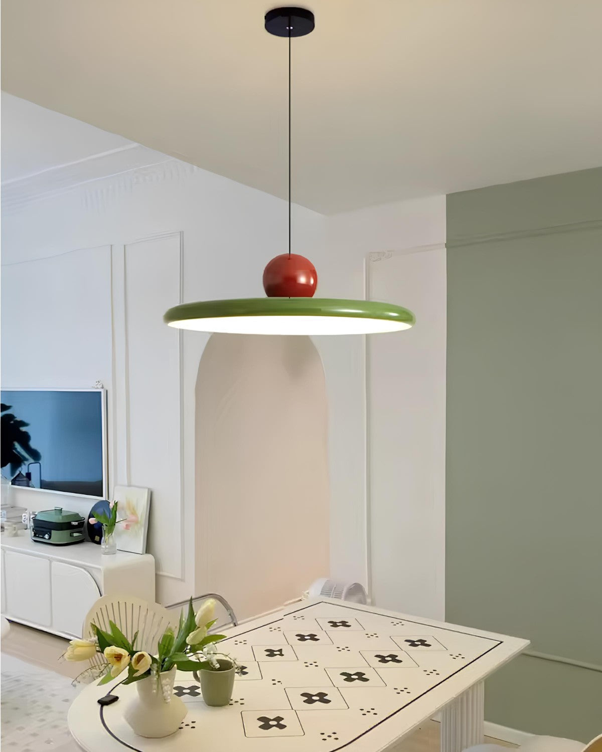 Suspension LED avec disque et boule, vue en perspective