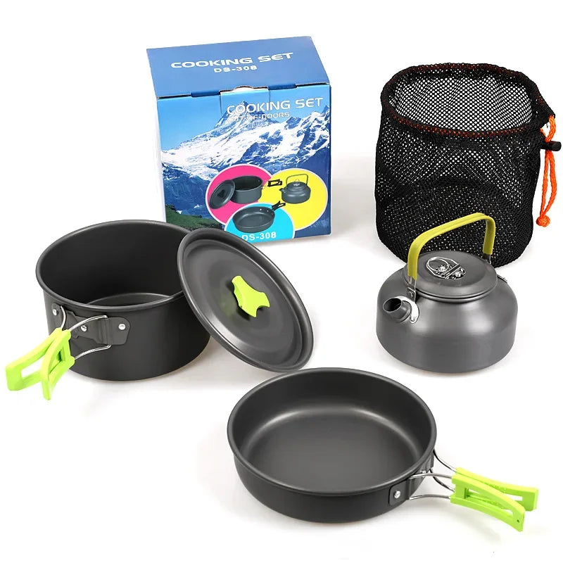 Set de cuisine camping avec bouilloire et casseroles en aluminium