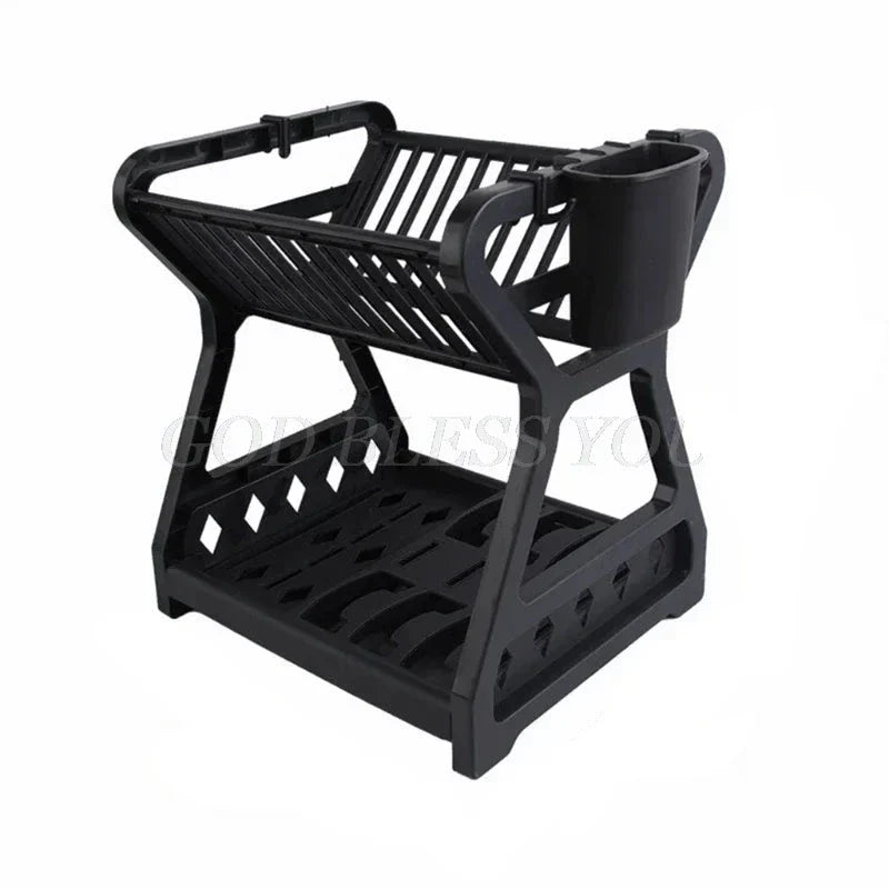 Rangement cuisine en plastique noir avec accessoires suspendus