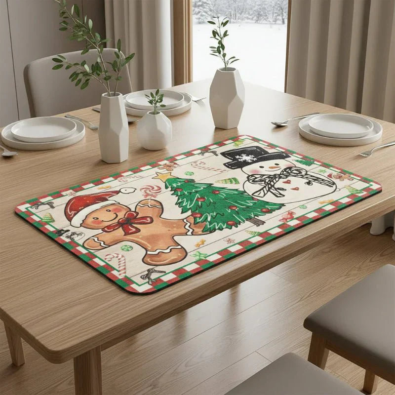 Motifs de Noël sur tapis de cuisine, idéal pour coin café