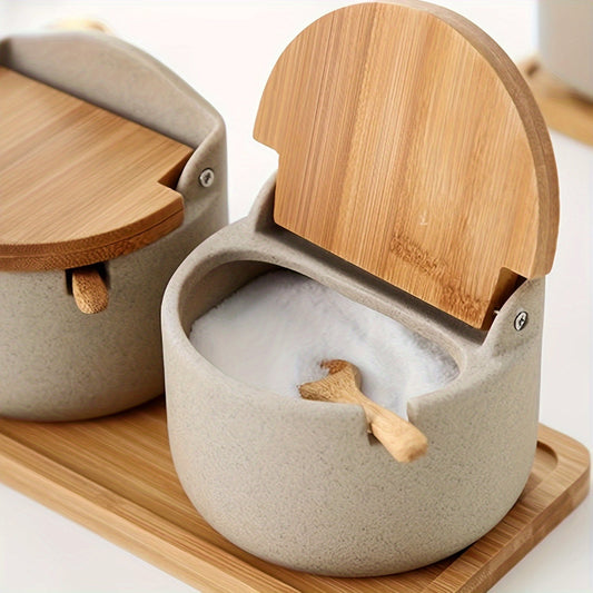 Ensemble complet avec pots, couvercles et plateau en bois