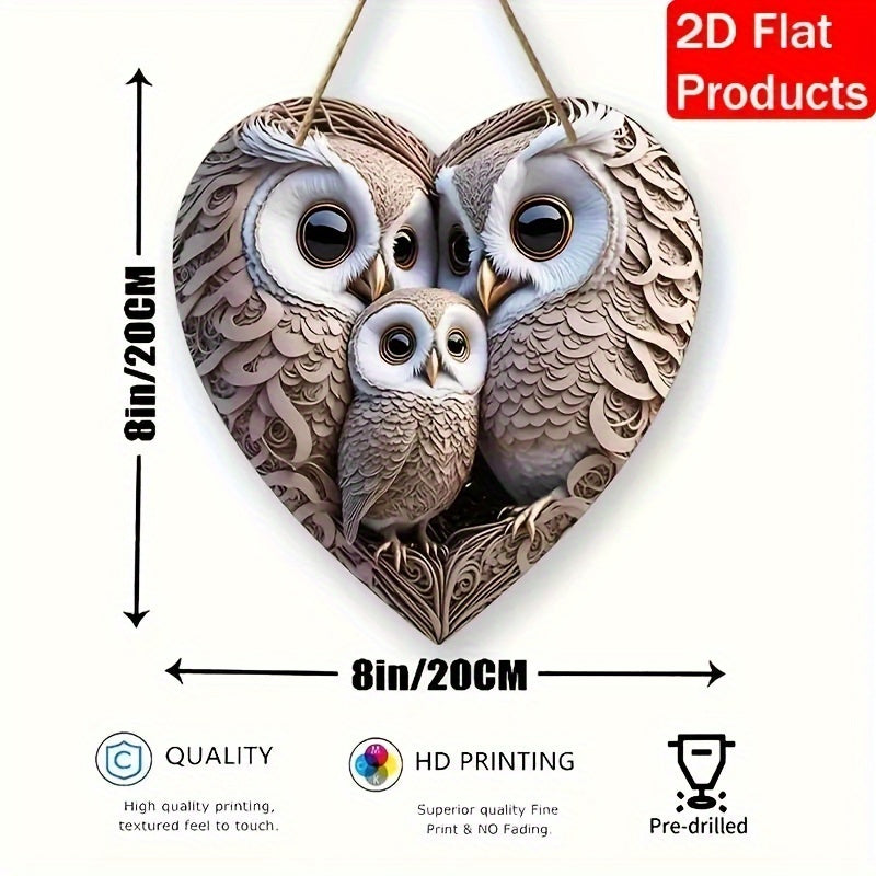 Signe en bois hibou avec cœur sculpté, vue de face