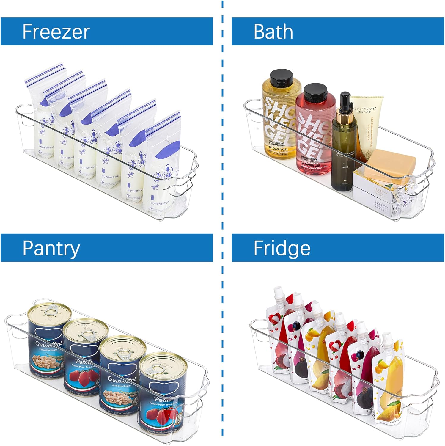 Boîte de rangement transparente pour cuisine ou salle de bain, vue frontale
