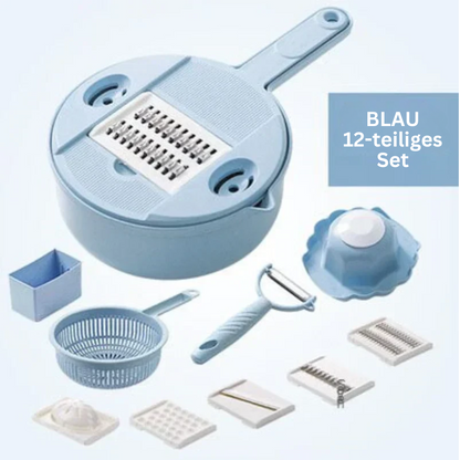 Vue frontale d'un ensemble de coupe-légumes 12 pièces