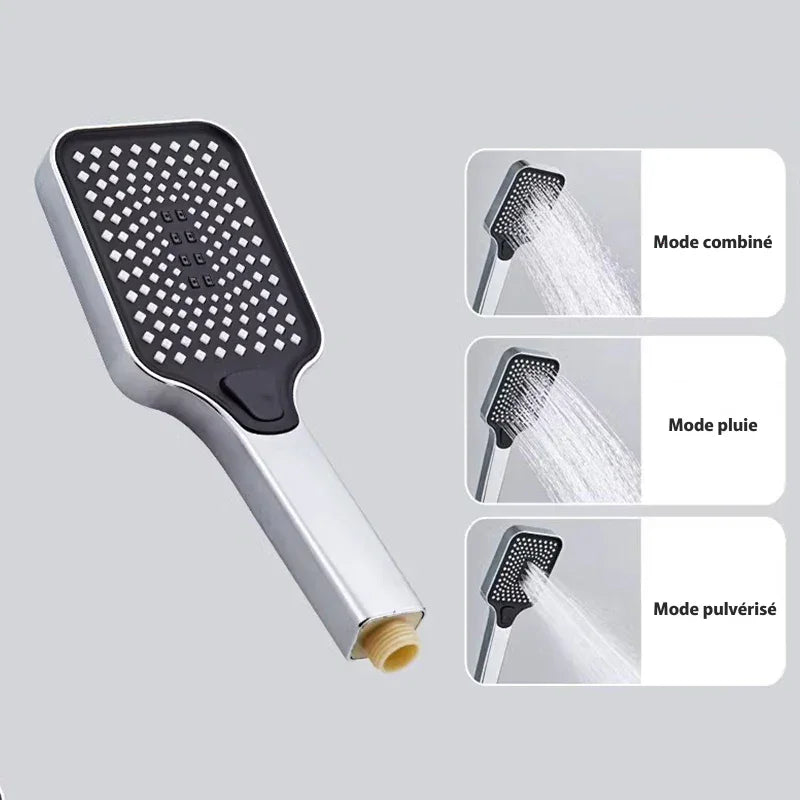 Vue rapprochée du pommeau de douche avec buses anti-calcaire