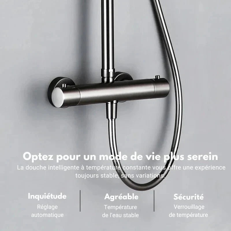 Gros plan sur le mitigeur thermostatique de la colonne de douche