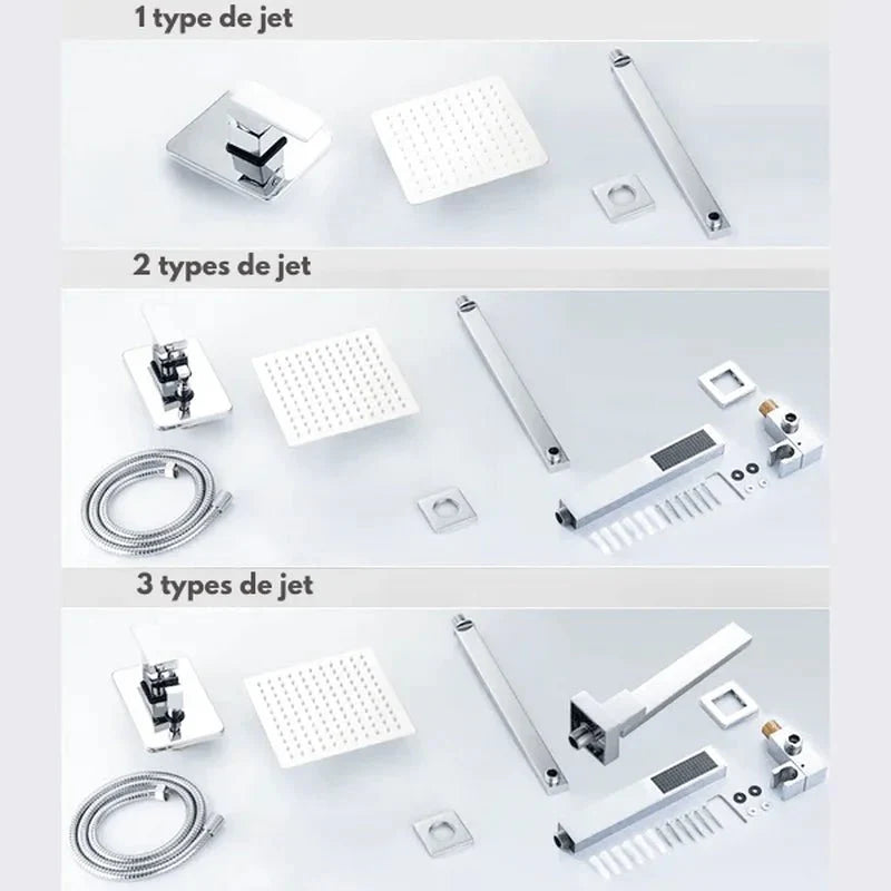 Colonne de douche avec finition chromée, intégrée dans un décor minimaliste
