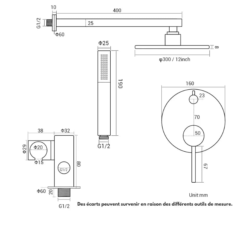 Vue rapprochée du pommeau de douche encastré, design épuré